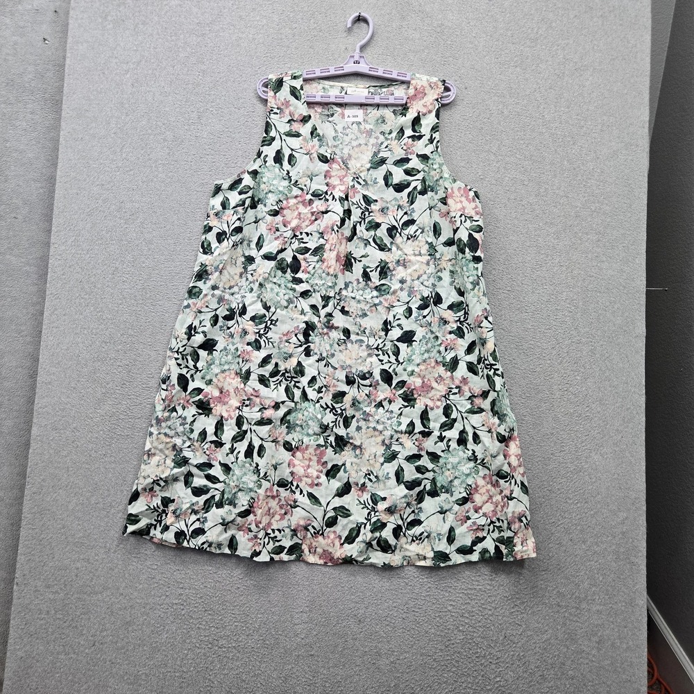 J Jill Women Dress XL Green Linen Floral Shift Print Love